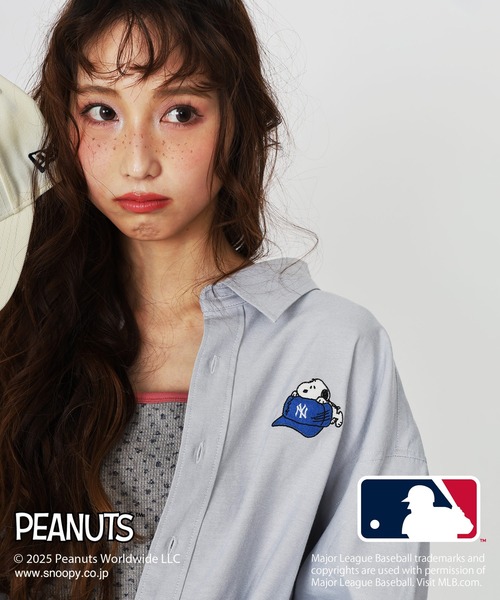 ブラウス シャツ MLB×PEANUTSコラボワッペンオックスシャツ/ドジャース・ヤンキース・パドレス・メッツ/ピーナッツ/ユニセックス レディース DOUBLE NAME ブラウス シャツ MLB×PEANUTSコラボワッペン
