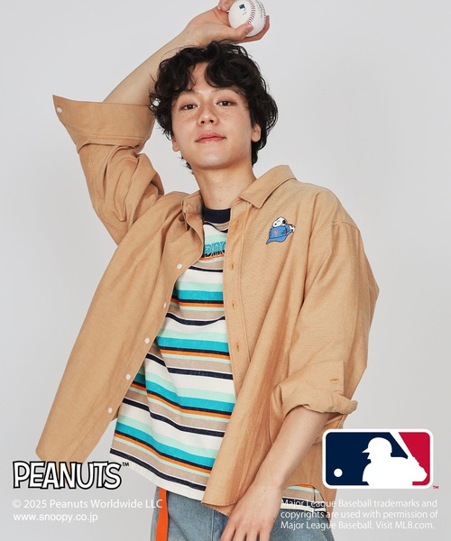 DOUBLE NAME ブラウス シャツ MLB×PEANUTSコラボワッペン