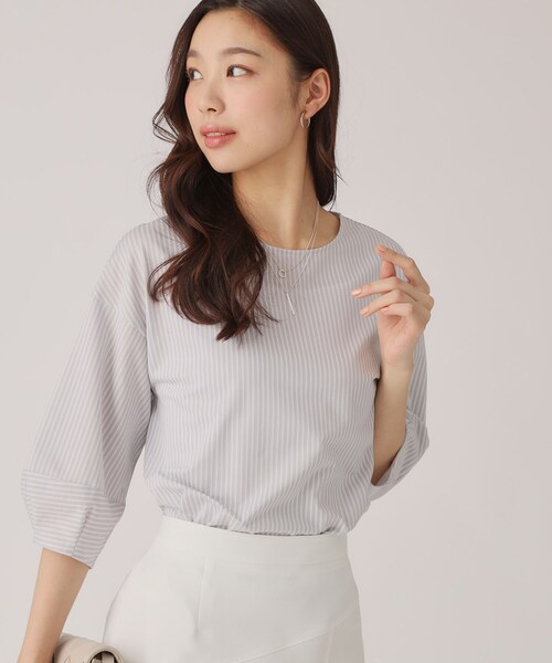 tシャツ 「手洗い可／接触冷感／日本製」シアーストライプ使いのジャージトップス レディース 手洗い可／接触冷感／日本製】シアーストライプ使いのジャージ