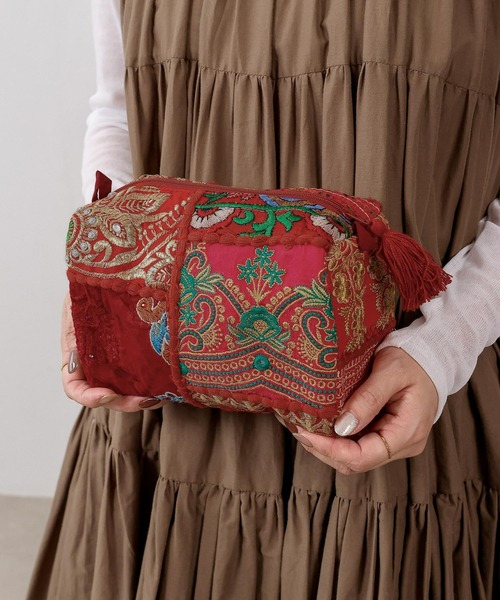 ポーチ 刺繍 サリーパッチワーク スクエア ボックス インド レディース