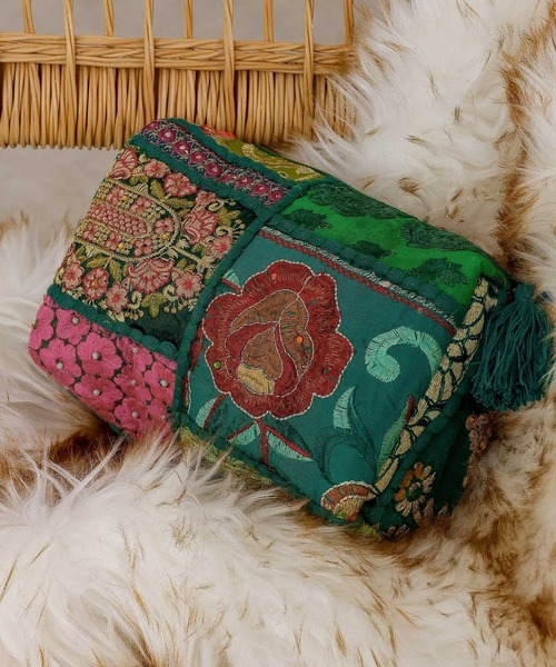ポーチ 刺繍 サリーパッチワーク スクエア ボックス インド レディース