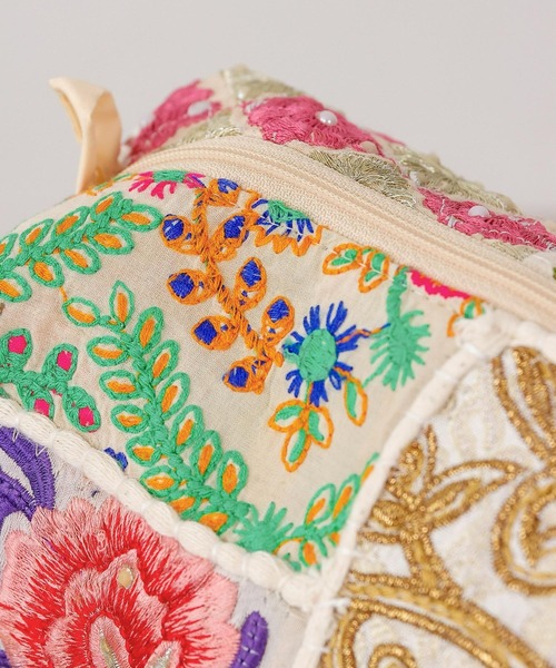 ポーチ 刺繍 サリーパッチワーク スクエア ボックス インド レディース
