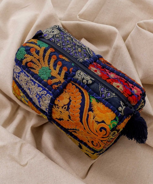 ポーチ 刺繍 サリーパッチワーク スクエア ボックス インド レディース