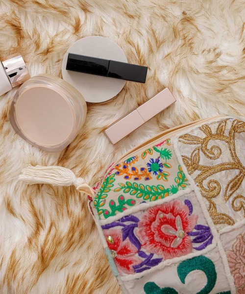 ポーチ 刺繍 サリーパッチワーク スクエア ボックス インド レディース