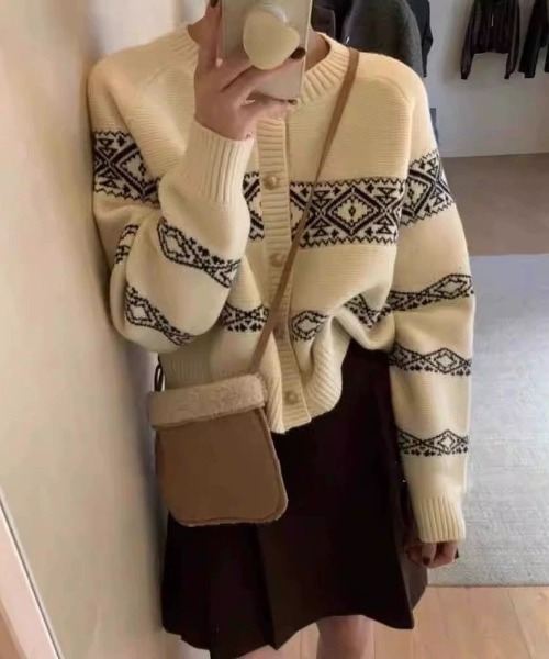 ノルディック柄 カーディガン ハンドニット ウール レトロ ショート丈 S 古着 カーディガン wool blend nordic knit cardigan /ウールブレンド