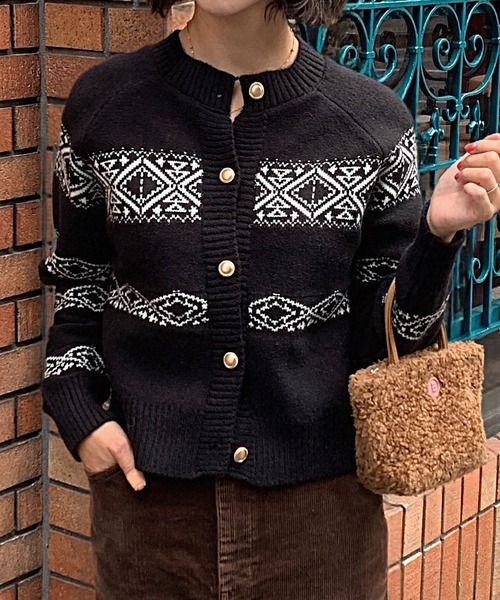 カーディガン ノルディック柄ショート丈ニットカーディガン レディース