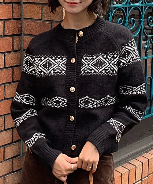 カーディガン ノルディック柄ショート丈ニットカーディガン レディース