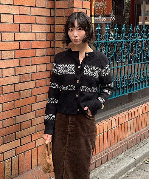カーディガン ノルディック柄ショート丈ニットカーディガン レディース