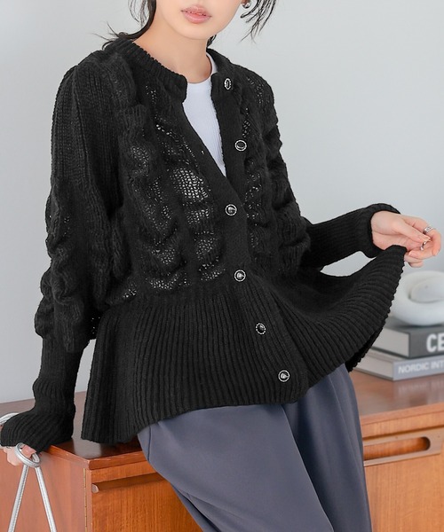 itto カーディガン 立体編みペプラムニットカーディガン レディース