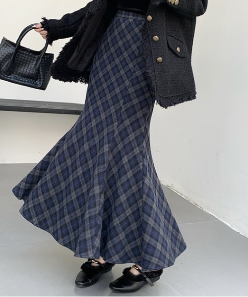 Aelina ロング スカート ハイウエストフィッシュテールチェック柄