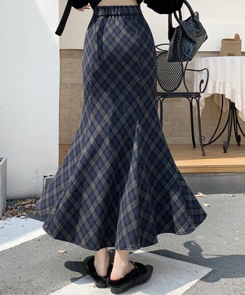 Aelina ロング スカート ハイウエストフィッシュテールチェック柄