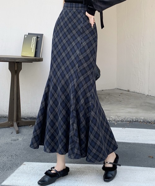 Aelina ロング スカート ハイウエストフィッシュテールチェック柄