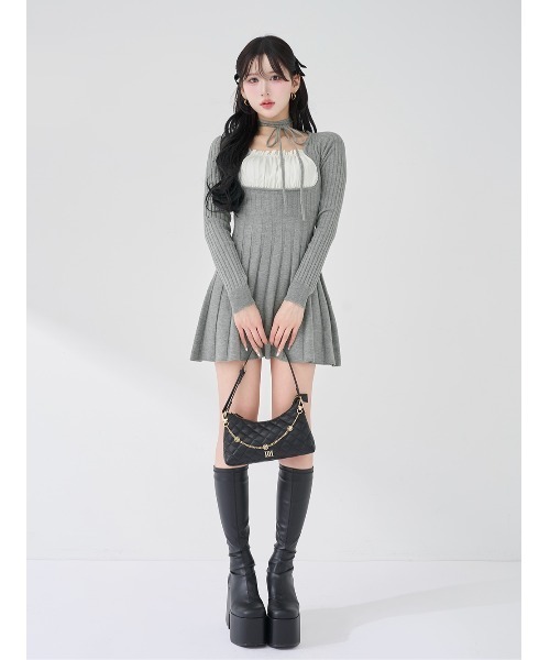 【ダーリッチ】ネックリボンデザインフレアニットミニワンピースグレー　FL Darich（ダーリッチ） ワンピース ネックリボンデザインフレアニット