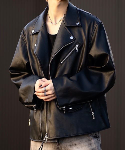 CLEL」 ライダースジャケット L ブラック メンズ 【美品】フェイク 