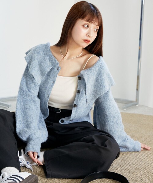 「PUBLUX」 長袖ニット フリ- チャコールグレー レディース_画像3