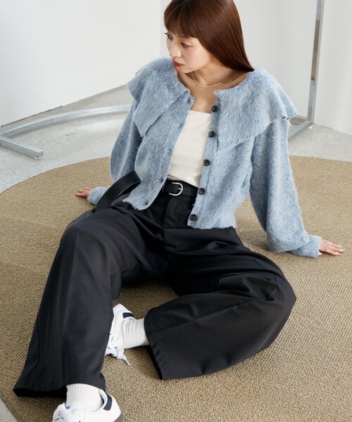 「PUBLUX」 長袖ニット フリ- チャコールグレー レディース_画像4