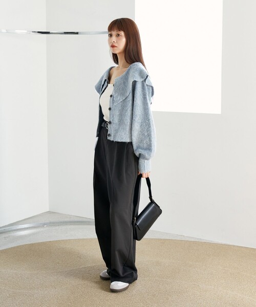 「PUBLUX」 長袖ニット フリ- チャコールグレー レディース_画像6