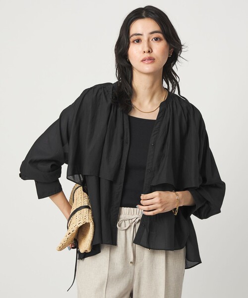 ブラウス シャツ 「size SHORTあり」ボイル レイヤー ギャザー ブラウス レディースの画像