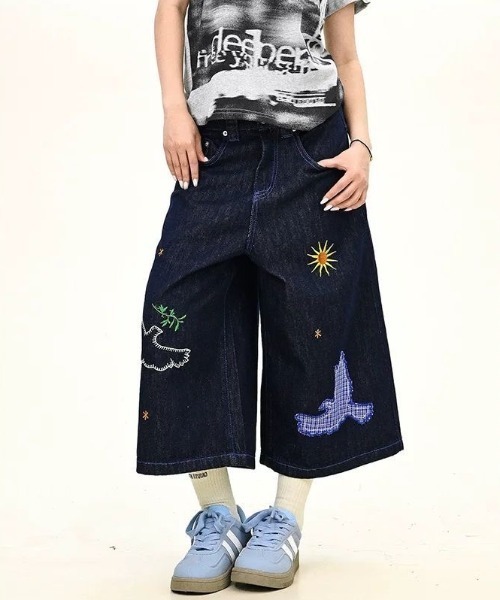 FreeZone ハーフパンツ ジーンズ バード刺繍デザインデニムハーフ