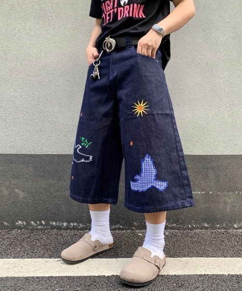 FreeZone ハーフパンツ ジーンズ バード刺繍デザインデニムハーフ