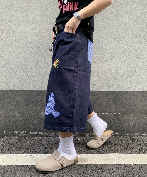FreeZone ハーフパンツ ジーンズ バード刺繍デザインデニムハーフ