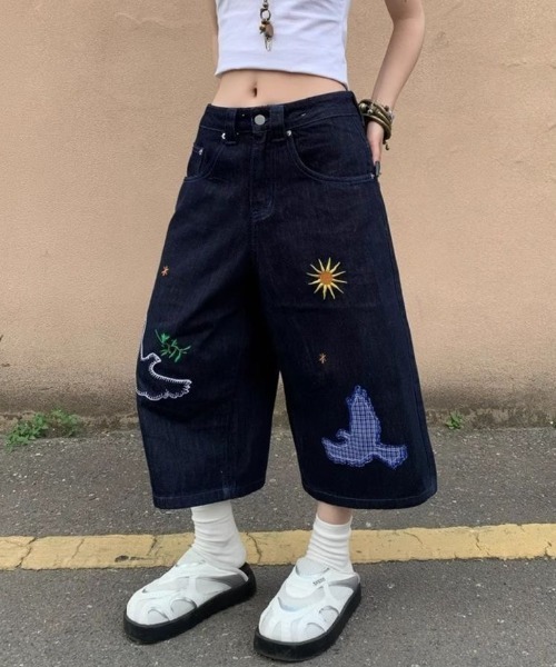 FreeZone ハーフパンツ ジーンズ 短パン バード刺繍デザインデニム