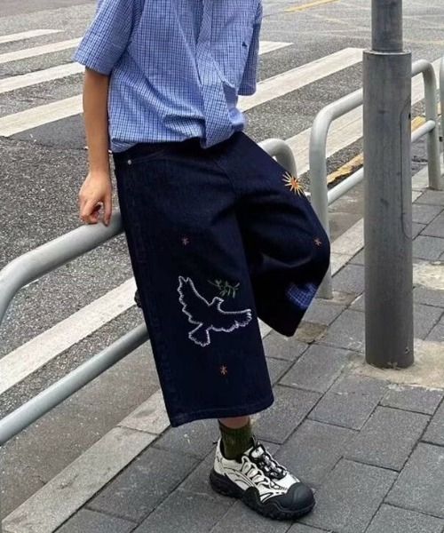 FreeZone ハーフパンツ ジーンズ バード刺繍デザインデニムハーフ