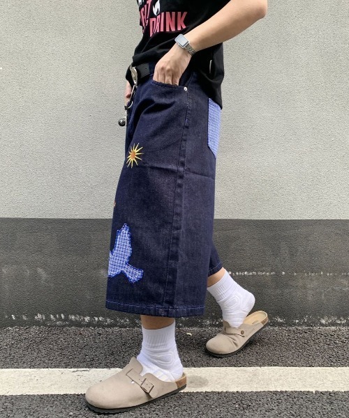 FreeZone ハーフパンツ ジーンズ バード刺繍デザインデニムハーフ