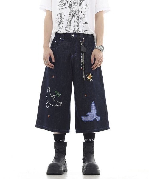 FreeZone ハーフパンツ ジーンズ 短パン バード刺繍デザインデニム