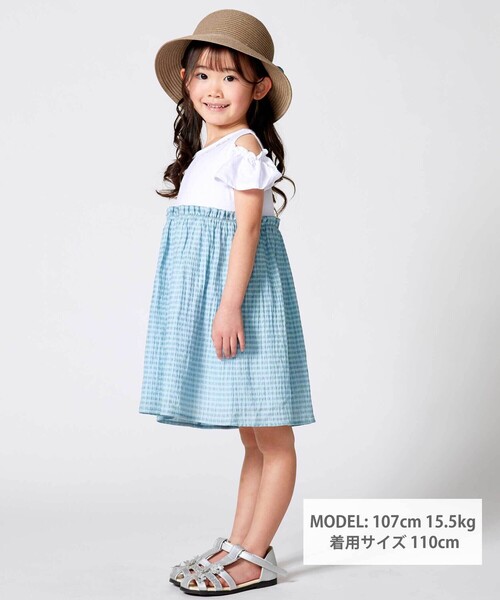 べべ　ワンピース BeBe（ベベ） ワンピース シアーチェックドッキング肩開きワンピース