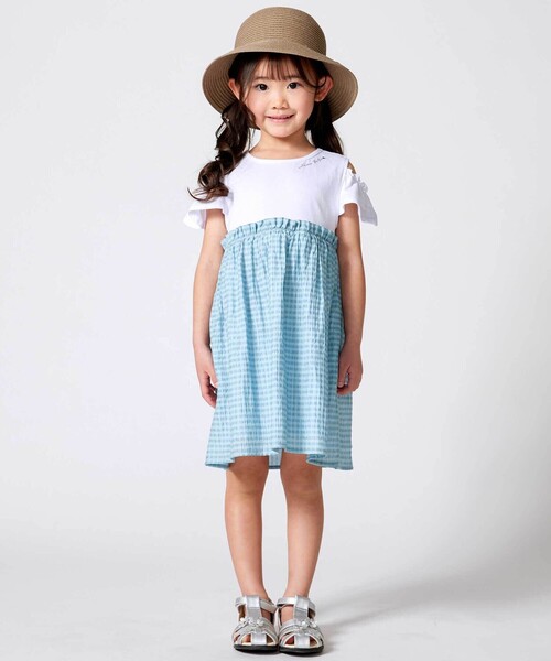 BeBe（ベベ） ワンピース シアーチェックドッキング肩開きワンピース 
