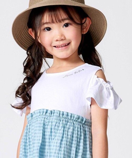 BeBe（ベベ） ワンピース シアーチェックドッキング肩開きワンピース