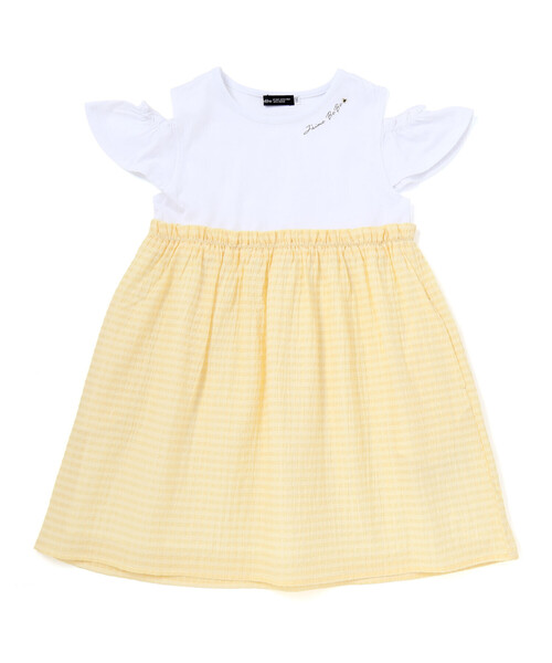 BEBEページです BeBe（ベベ） ワンピース シアーチェックドッキング肩開きワンピース