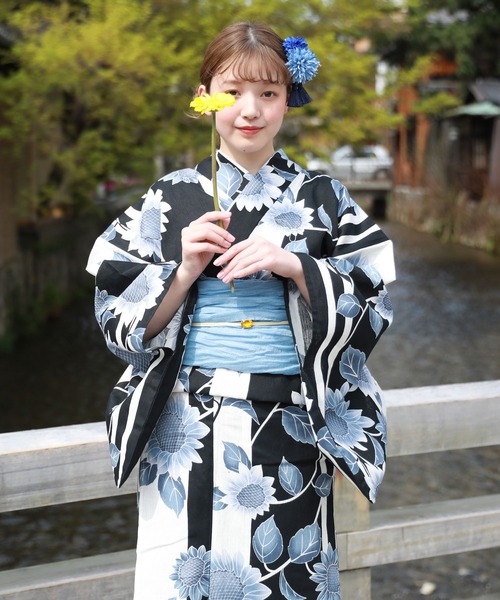 和なでしこ 浴衣 綿麻浴衣3点セット「浴衣・へこ帯・下駄」 レディース