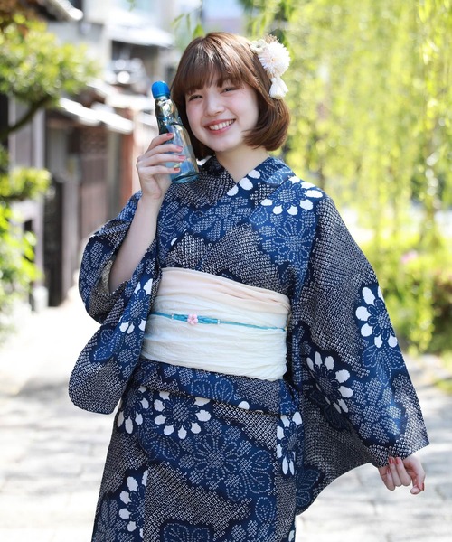 和なでしこ 浴衣 綿麻浴衣3点セット「浴衣・へこ帯・下駄」 レディース