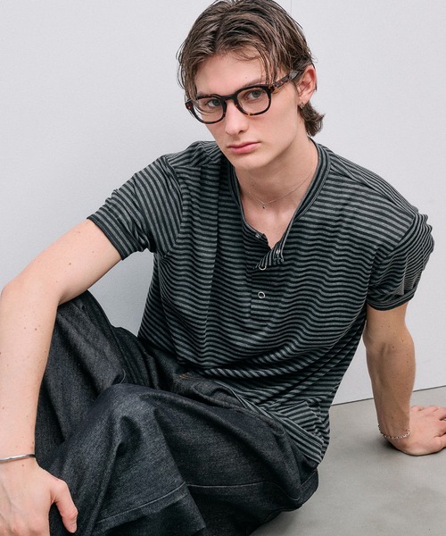 Adoon plain ヘンリーネック tシャツ SNAP BUTTON RIB HENRY NECK T