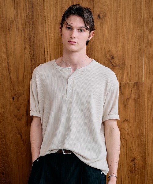 Adoon plain ヘンリーネック tシャツ SNAP BUTTON RIB HENRY NECK T