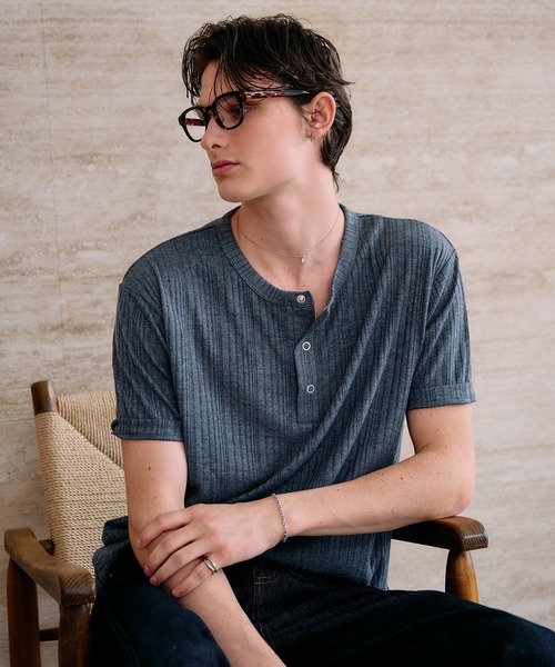 Adoon plain tシャツ SNAP BUTTON RIB HENRY NECK T / スナップボタン