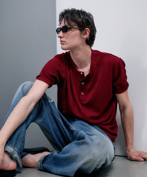 Adoon plain ヘンリーネック tシャツ SNAP BUTTON RIB HENRY NECK T