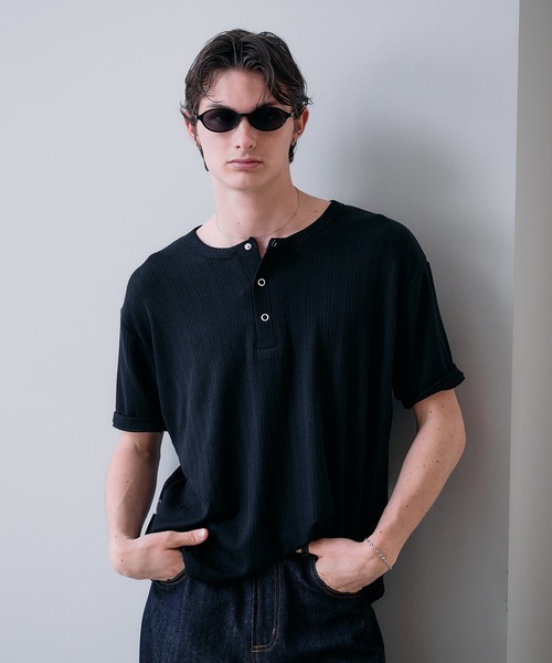 Adoon plain tシャツ SNAP BUTTON RIB HENRY NECK T / スナップボタン