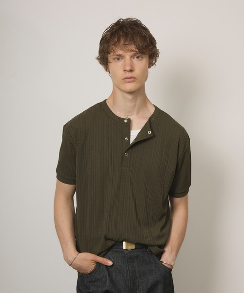 Adoon plain ヘンリーネック tシャツ SNAP BUTTON RIB HENRY NECK T