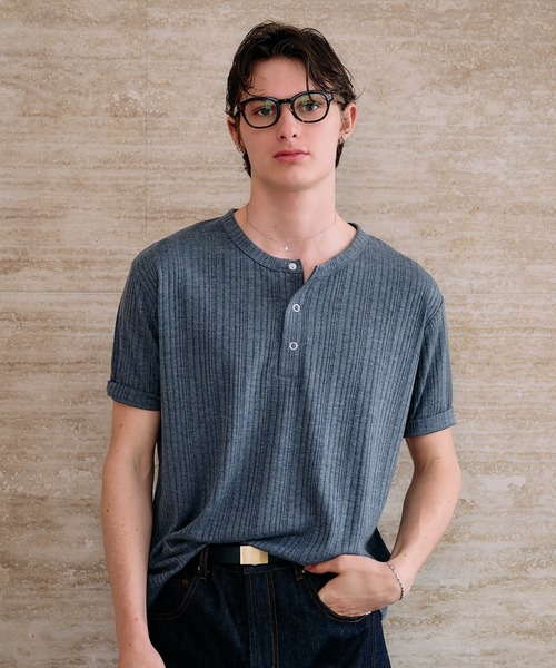 Adoon plain ヘンリーネック tシャツ SNAP BUTTON RIB HENRY NECK T