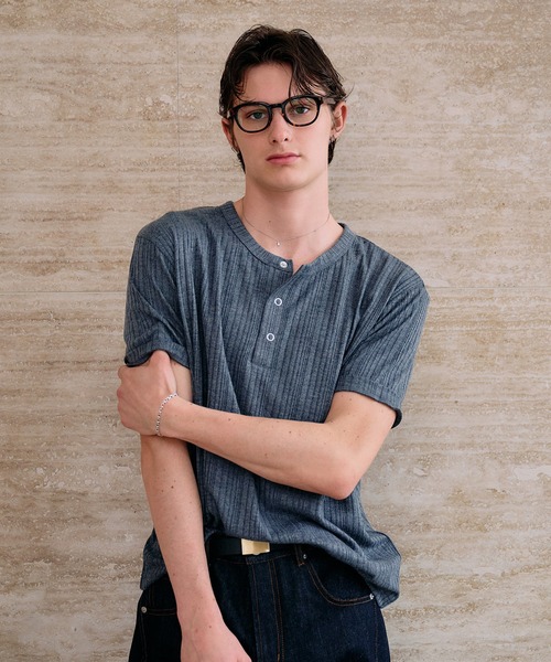 Adoon plain tシャツ SNAP BUTTON RIB HENRY NECK T / スナップボタン