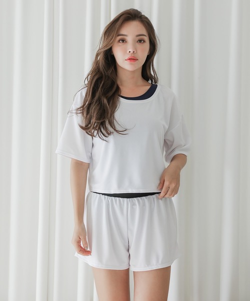 まあたん　美品　4点セット　マリークワント　水着　ビキニ　Tシャツ　パンツ セール】カバーTシャツ＆ショートパンツ付スポーティタンキニ