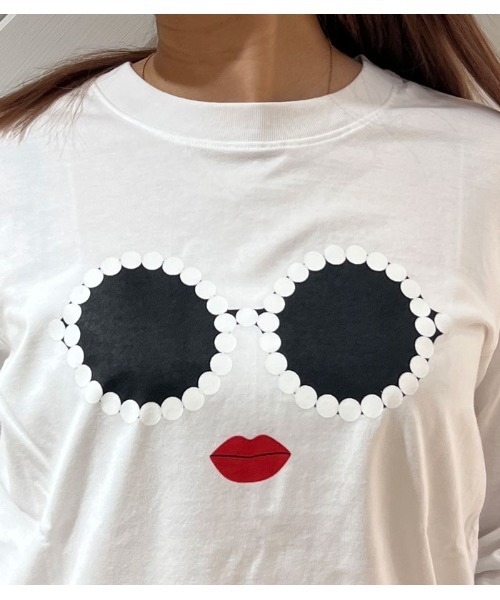 tシャツ 「a-jolie」パールサングラスプリントロングTシャツ レディース a-jolie tシャツ 「a-jolie」パールサングラスプリントロングT