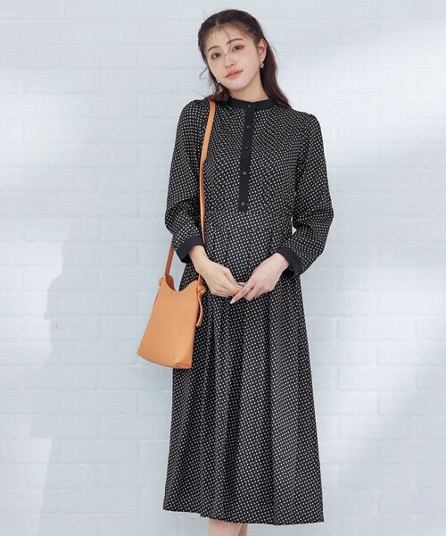 Tiaclasse シャツワンピース 配色バンドカラー幾何学柄ワンピース