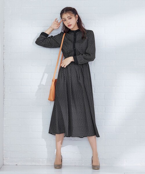 シビラ モノトーン 幾何学 ワンピース Tiaclasse シャツワンピース 配色バンドカラー幾何学柄ワンピース