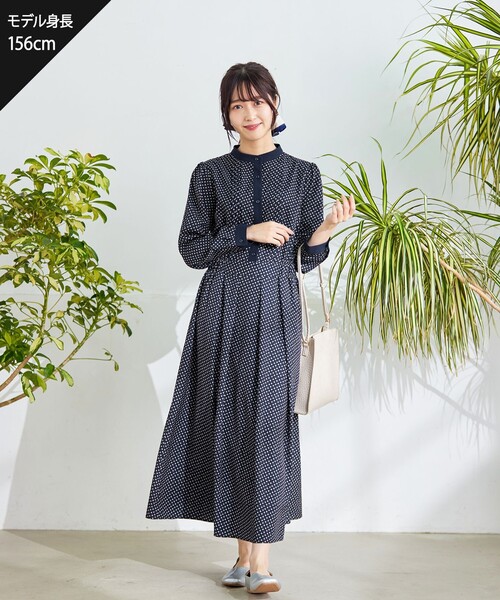Tiaclasse シャツワンピース 配色バンドカラー幾何学柄ワンピース