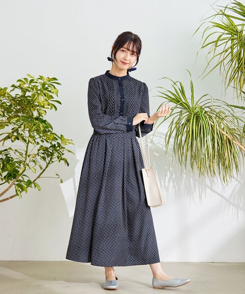 Tiaclasse シャツワンピース 配色バンドカラー幾何学柄ワンピース