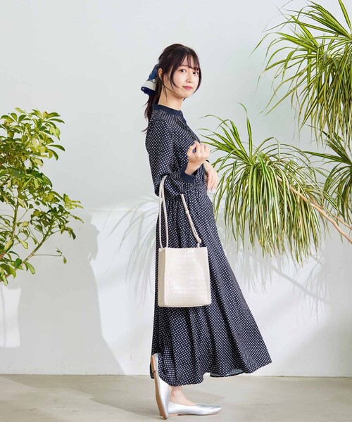 Tiaclasse シャツワンピース 配色バンドカラー幾何学柄ワンピース